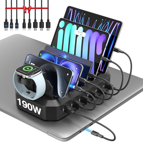 190W Fast Charging Station for Multiple Devices【Efficient & Safe Charging】 6 Port USB Charger Station - Family Multi-Device Organizer Charging Dock Compatible with iPhone/Android/MacBook/iPad/Tablet