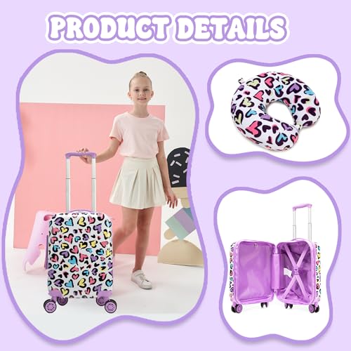 Image of Kid's Luggage Set 2 Piece Suitcase Set Hardside Luggage with Spinner Wheels Girls Carry on Toddler Travel Rolling Suitcase with Neck Pillow Airline Approved