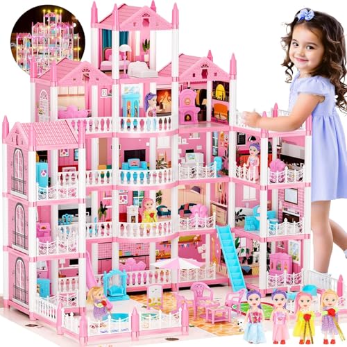 Dream Doll House for Girls with 5 Stories 19 Rooms Dolls Mat LED Light Furnitures Accessories Toddler Dollhouse Gift for 3 4 5 6 7 8 9 10 Year Old Girls Toys