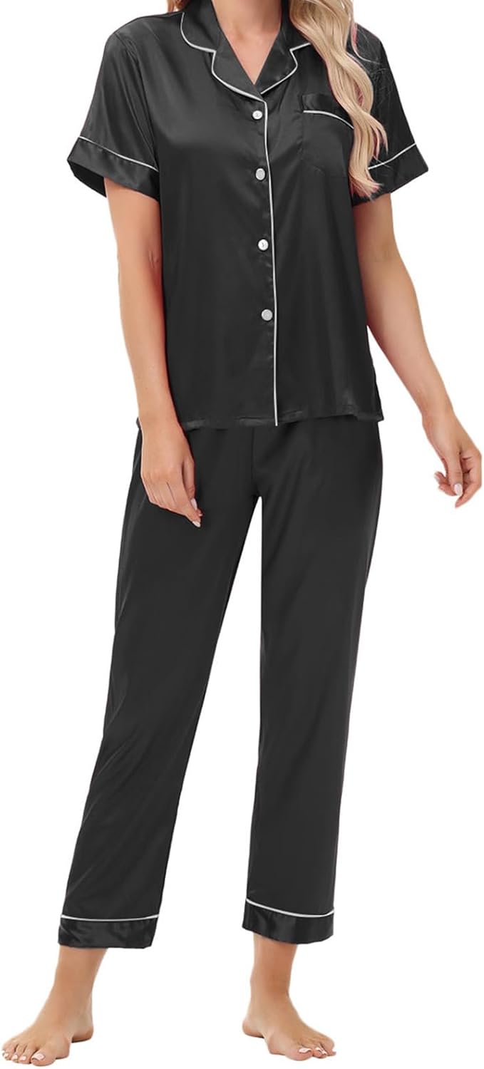 Women's Satin Pajama Set Short Sleeve Silk Top and Pants Set Classic Button Down 2-Piece Sleepwear Loungewear - Image 5