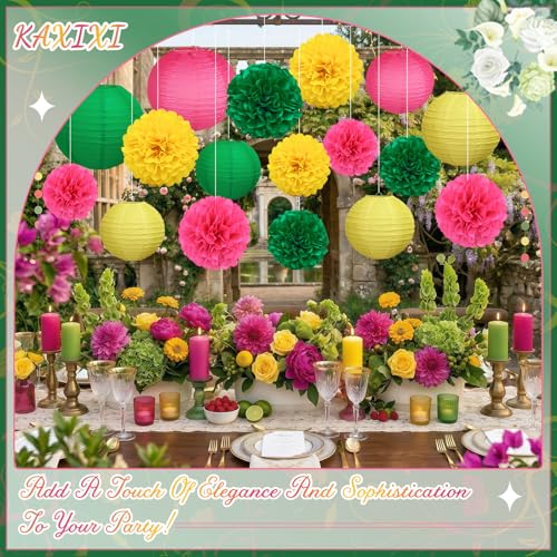 Image of KAXIXI 15-Piece Rose Red, Green & Yellow Paper Lanterns Pom Poms