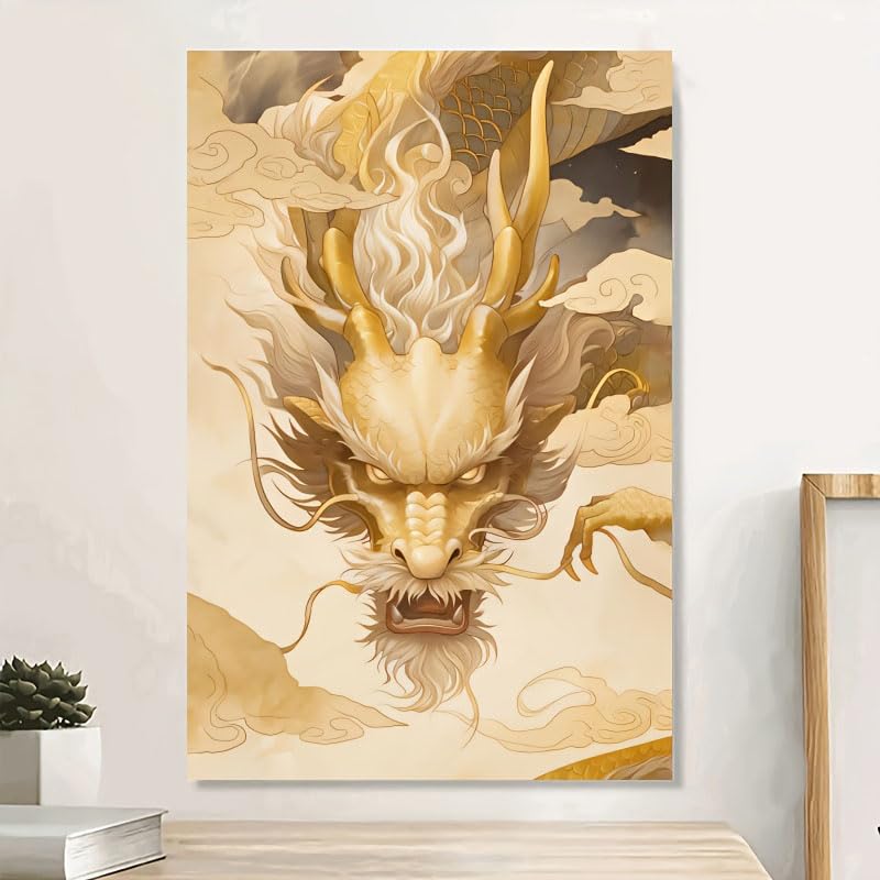 Décoration murale dragon doré affiche toile salon maison 60x80