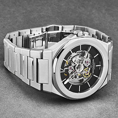 Manager Men's 'Open Mind' Black Dial Stainless Steel Bracelet Automatic Watch MAN-RO-01-SM2