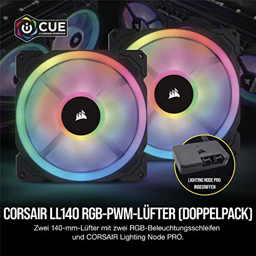 Corsair LL140 RGB LED PWM PC-Gehäuselüfter (140mm Dual Licht Loop RGB LED, Zweierpack mit Lighting Node PRO) Schwarz, 2-er Pack – Ansicht 2