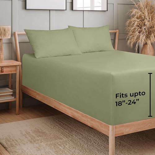 Image of Royale Linens Extra Deep Pocket Queen Fitted Sheet Only - Queen Size Deep Pocket Sage Green Fitted Sheet -Fits 18 to 24 inch Thick Mattress- Soft & Breathable Elastic Sheets (60x80 Inches, Sage Green)