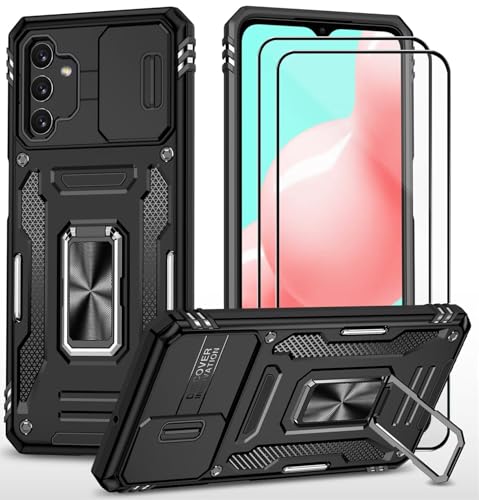 CLYDITE Cover per Samsung A32 5G Nero Custodia con Vetro Temperato [2 Pack] Fotocamera Slidable Antiurto Custodia Antiurto Grado Militare 360° Ring Supporto Silicone Custodie