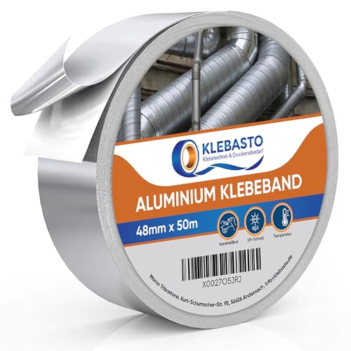 KLEBASTO Aluminium Klebeband | Wasserdichtes Alu Klebeband | Hitzebeständiges klebeband für Reparaturen von metallischen Oberflächen Lüftungs- und Klimaanlagen 48mm x 50m
