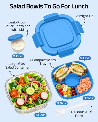 Image of Glass Salad Container,56oz Salad Bowl To Go for Lunch with Airtight Lid,Leak-Proof Sauce Container,4-Compartment Bento Tray & Reusable Fork - BPA-Free Glass Lunch Box for Meal Prep,Office(Blue)