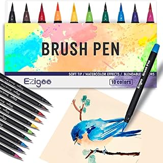 Ezigoo Watercolour Brush Pen Set Felt Tip Colouring Highlighters Water Colour Caligaphy Brush Pens Lettering Markers for Professional Adults and Beginners Kids - Pack of 10
