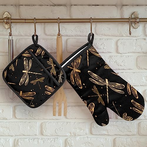 Golden Dragonflies Oven Mitts And Pot Holders Set 10.6 Inch Long Oven Mits Mittens Heat Resistant Potholders Oven Gloves Hot Pad For Baking Cooking Kitchen Grilling Bbq Gifts 4 Piece Set #TOP3