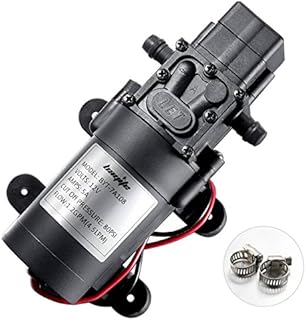 bayite 12V DC Fresh Water Pump with 2 Hose Clamps 12 Volt Diaphragm Pump Self Priming Sprayer Pump with Pressure Switch 4.5 L/Min 1.2 GPM 80 PSI Adjustable for RV Camper Marine Boat Lawn