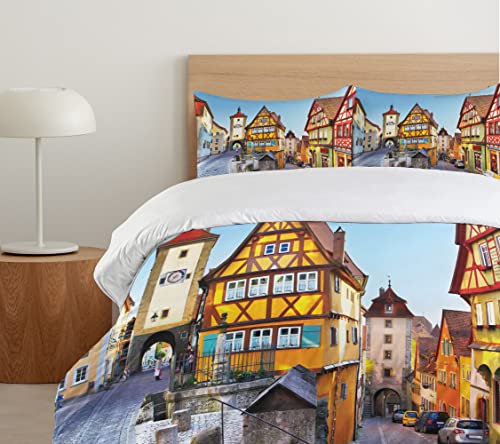 Ambesonne German Duvet Cover Set, Rothenburg Ob Der Tauber Bavaria Germany Famous Street Colorful Classic Houses, Decorative 2 Piece Bedding Set With 1 Pillow Sham, Twin Size, Taupe Red #TOP20