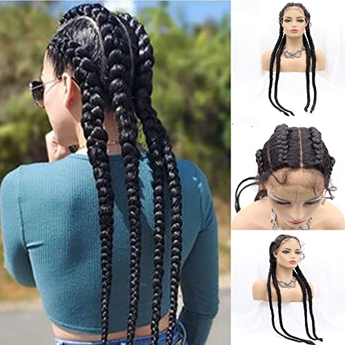 xiweiya 1B# Black Afro Braided Wig with 4 Braids, 100% Hand Crochet Black Synthetic Lace Front Wig Light Weight Box Cornrow French Braid Wigs with Baby Hair for Women, Drag Queen 36" Wig…