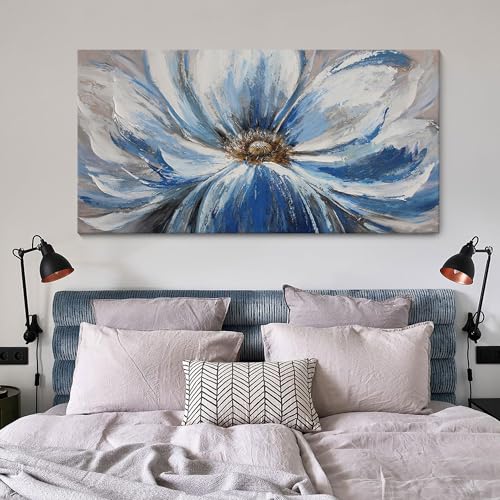 Image of Flower Canvas Wall Art for Living Room Large White Blue Flower Picture Giclee Print Painting Wall Decor Framed Artwork Ready to Hang for Home Bedroom Wall Decoration Size 24x48