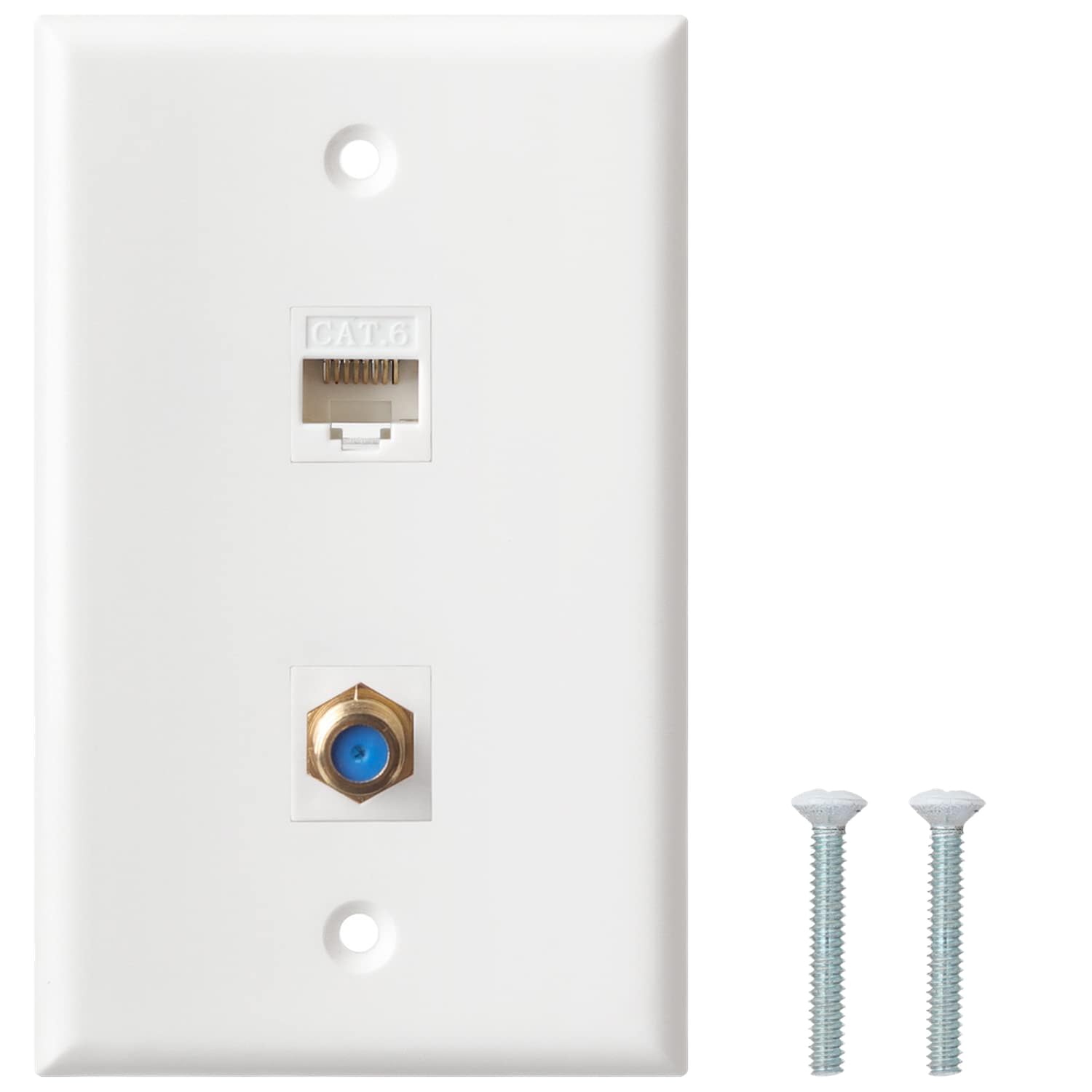EastStarTech Ethernet Coax Wall Plate - Cat6 F Type Wall Plate, 1 Port Cat6 Keystone and 1 Port F Type Connector Coax Keystone - White