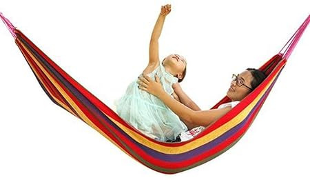 R Runilex Cotton Fabric Portable Single Person Garden Hammocks Striped Ultralight Beach Camping Swing with Strong Rope (195 x 80 cm, Multicolor)