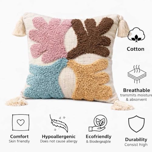 Image of Cushion Cover Pack of 5 (16x16 Inches) | Cotton Textured Decorative Throw Pillow Case for Sofa Bed Living Room Leaf Tufted Cushion Cover with Tassels (Multicolor)