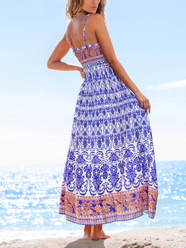 Image of CUPSHE Women Spaghetti Straps Boho Maxi Dress Summer Sleeveless Smocked Floral Beach Long Dress Flowy Cruise Vacation Outfits