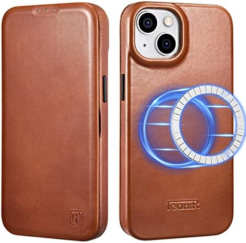 ICARER Leather Case for iPhone 14 Plus 2022, 100% Genuine Leather Flip Case with Card Slot, Magnetic Flip Wallet Cover Compatible with Mag-Safe and Wireless Charging for iPhone 14 Plus 6.7 inch-Brown