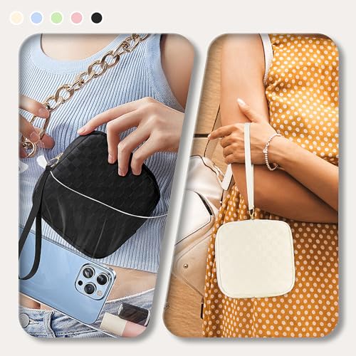 Image of Likesing Upgraded 5.3 inch Checkered Mini Makeup Bag, Beige Small Cosmetics Bag for Purse, Portable Small Makeup Pouch with Wrist Strap, Thickened Travel Mini Toiletry Bag for Womens Girls