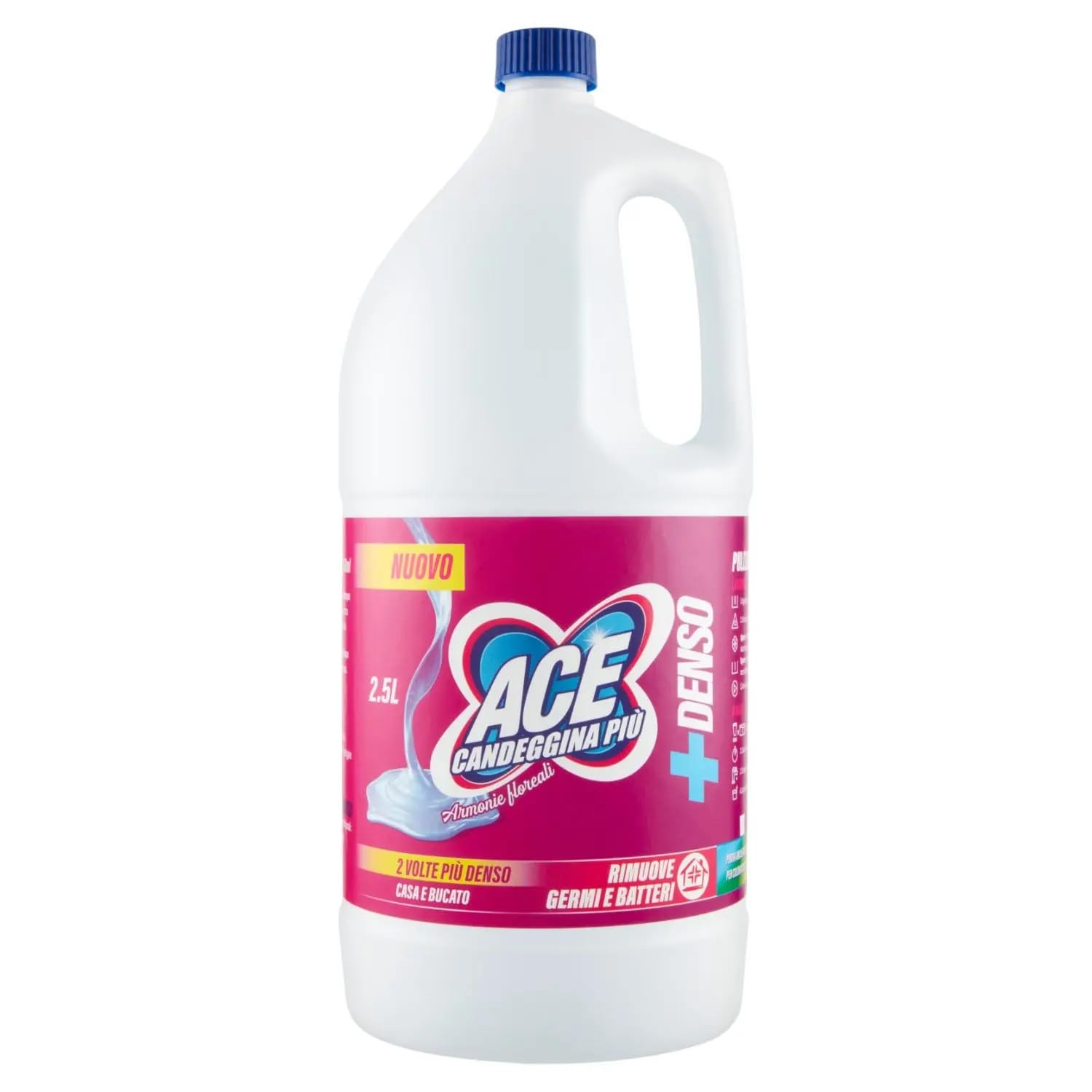 6 candeggina ACE Candeggina Più +DENSA Armonie Floreali – Detergente sbiancante per superfici e bucato 2,5 litri + portachiavi Beni Culinari gratuito
