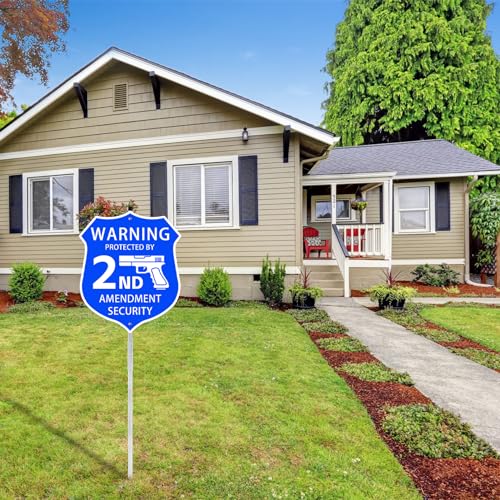 9" x 28" Shield Shape Home Security Signs for Yard with Stake and Accessories, Protected by 2nd Amendment Security Alarm Sign with Gun Graphic, No Trespassing Sign, Warning Signs for Home Security