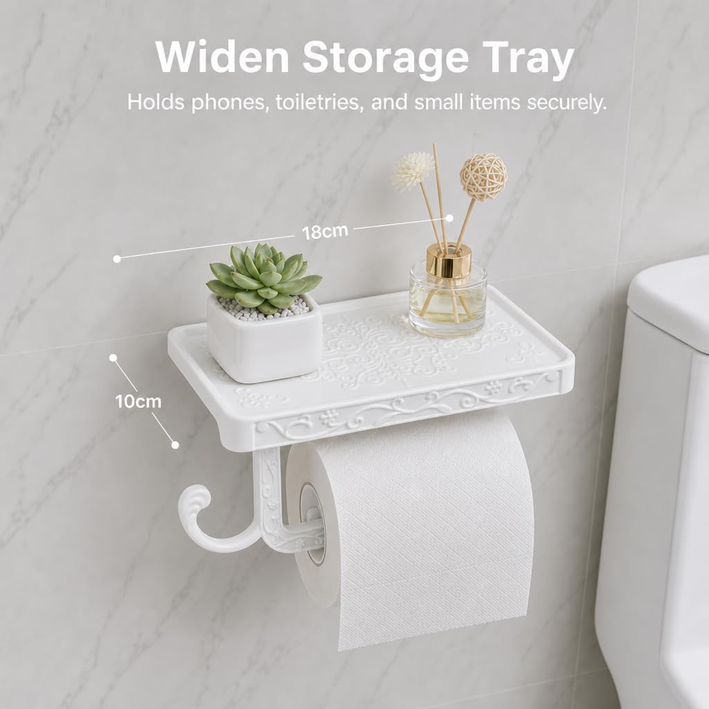 Wall Mount Toilet Paper Holder with Shelf&Hook, Vintage Space Aluminium, 3D Baroque Carving, Raised Tail Anti-Drop Design, Reversible Install for Antique Bathroom Decor