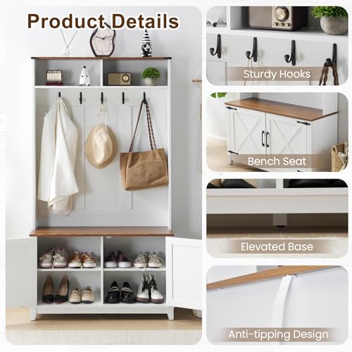 EROMMY 38\" Farmhouse Hall Tree with Bench and Shoe Storage, Entryway Bench with Coat Rack, 2 Open Compartments, 5 Coat Hooks, Barn Door & Adjustable Shelf, Rustic White and Brown
