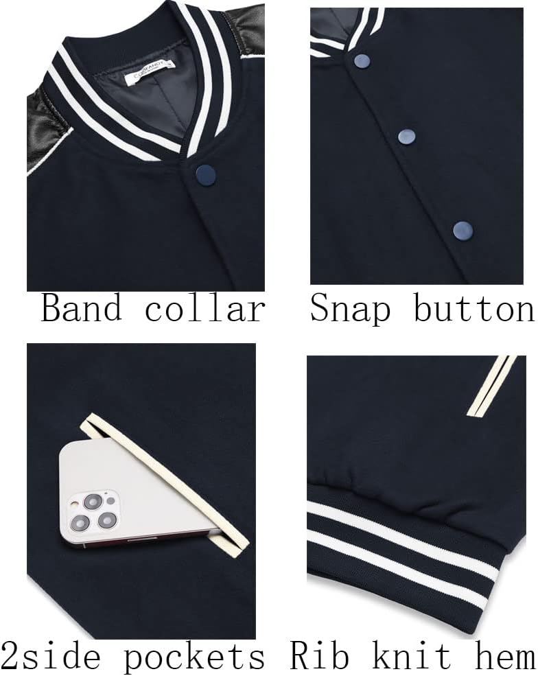 COOFANDY Mens Varsity Jacket Casual Leather Sleeve Baseball Letterman Bomber Jacket Coat - Image 5