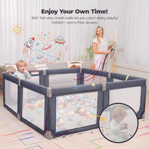 Image of Kidirect Foldable Baby Playpen, 71 inchx69 inch Extra Large Playpen for Babies and Toddlers, Portable Play Yard with 5 Handles, Indoor Outdoor Safety Baby Fence with Visible Mesh, Grey