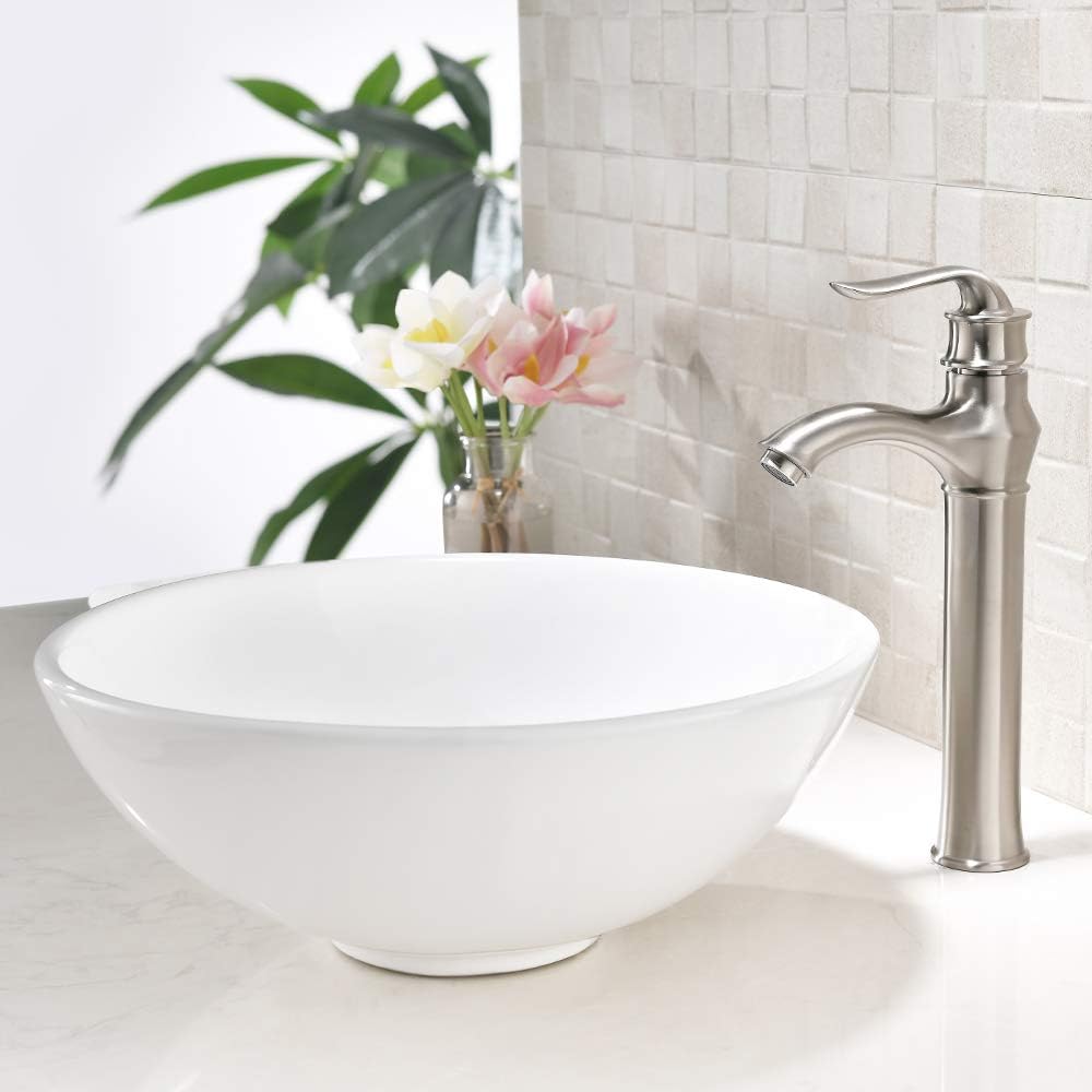 ❤ Crazy Deals HLBLFY Round Bathroom Sink and Faucet Combo -Round Above Counter White Porcelain Ceramic Bathroom Vessel Sink Basin Washing Bowl Set, Brushed Nickel Single Lever Faucet Matching Pop Up Drain Combo
