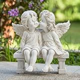 pandaxing Kissing Angels Garden Statue Outdoor Decor, Cute Vintage Cherub Couple on Bench Resin Sculpture, Weather-Resistant Yard Art for Patio, Lawn, Memorial Garden Gifts for Women (Stone)