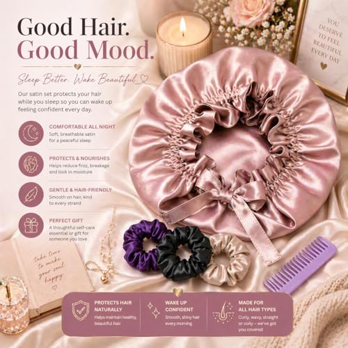 Image of Atrube Silk Satin Hair Bonnet Reversible Reusable Showercap satin bonnet Adjustable Tie Band Women, Scrunchies Comb Satin Wrap,Standard, Multicolor,Free Size