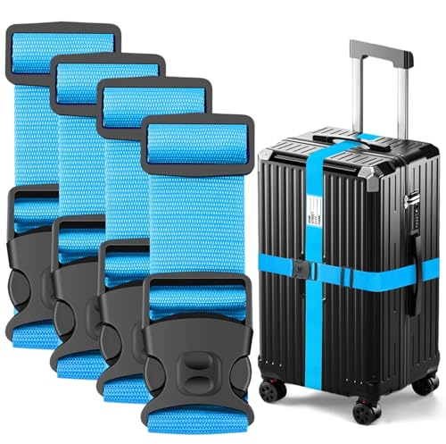 Image of BILIONE Luggage Straps Adjustable Suitcase Belt, Lockable Against Accidental Opening, Easy to Identify Travel Accessories, Add a Bag Connector Holds Suitcase (Sky Blue, 4 Pack)