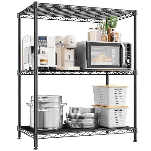 Image of 3 Tier Storage Shelves Metal Shelving Unit,Adjustable Wire Rack Pantry Kitchen Shelves,Small Shelf Wire Shelving for Laundry Office Bedroom Dorm Bathroom Closet 24 inch W x 30 inch H x 14 inch D Black Shelves