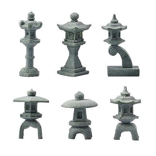 Sdeetesamjun Miniature Japanese Lantern Pagoda Figurines Asian Decor Fish Tank Aquarium Ornament Fairy Garden Accessories Zen Terrarium Bonsai Decorations (6 Small Sandstone)