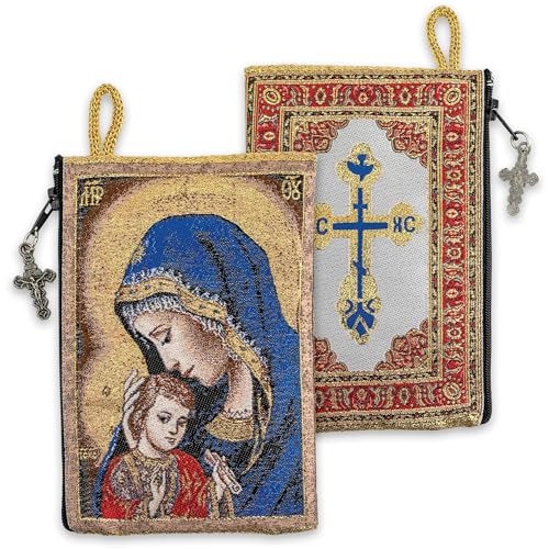Image of Catholic Rosary Pouch, 4 inch x 6 inch Jewelry & Coin Purse with Cross, Small Woven Tapestry Icon Bag, Bolsa de Rosario Catolico para Joyeria, Madonna and Child & IC XC Cross - Red, 4 inch x 6 inch