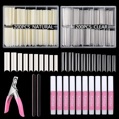 400PCS Extra Long C Curve Nail Tips and Glue, 2 Packs Natural and Clear Acrylic Nail Tips for Acrylic Nails Professional Set, 10 Sizes Artificial XXL Long Straight Square French False Nail Tips