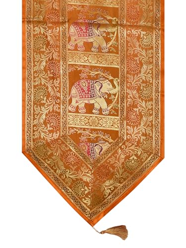 Image of Banarasi Brocade Zari Silk Table Runner Dinning & Centre Table Runner 177 By 30 CM (Mustard Yellow, Elephant)