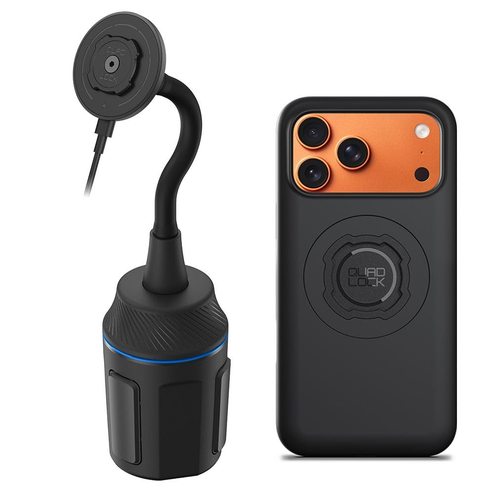 Quad Lock Support Téléphone Voiture pour Porte-Gobelet avec Étui MAG iPhone 17 Pro Max et Tête de Recharge sans Fil MAG (V2)