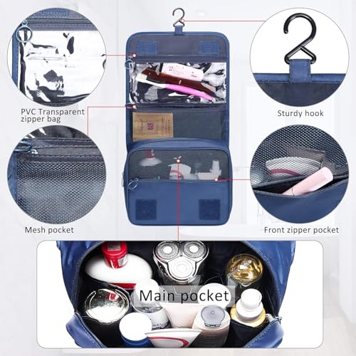 Image of CAVALO - Be Unique Nylon Polyester Large Capacity Portable Travel Toiletry Bag with Hanging Hook Waterproof Cosmetic Case Makeup Pouch Dopp Kit for Men Women with Carry Handle (Navy Blue)