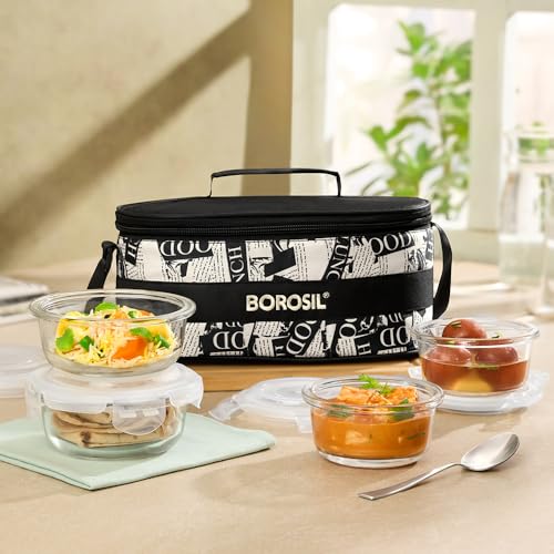 Borosil Nostalgia Universal Borosilicate Glass Lunchbox | 4 pc Round Container Set (320ml x 2 + 240ml x 2) | Microwave & Dishwasher Safe, Leakproof | 