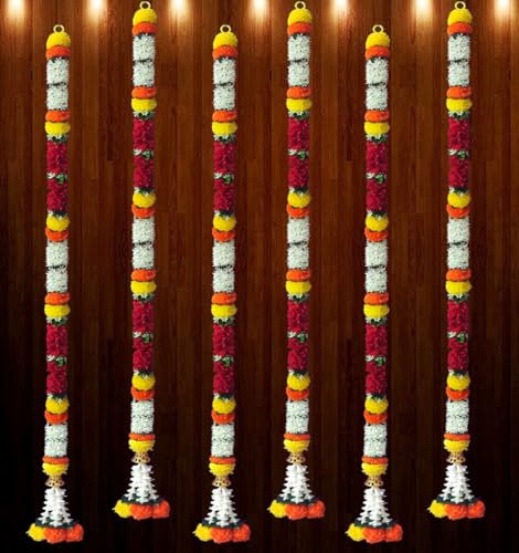 Image of Artificial White Gajra Jasmine & Colourful Flower Strings for Wedding Decorations, Event Decor Perfect for Diwali, Ganpati & Pooja /Temple /Mandir Decoration, 5ft (6, Pink-Marigold - 5ft)