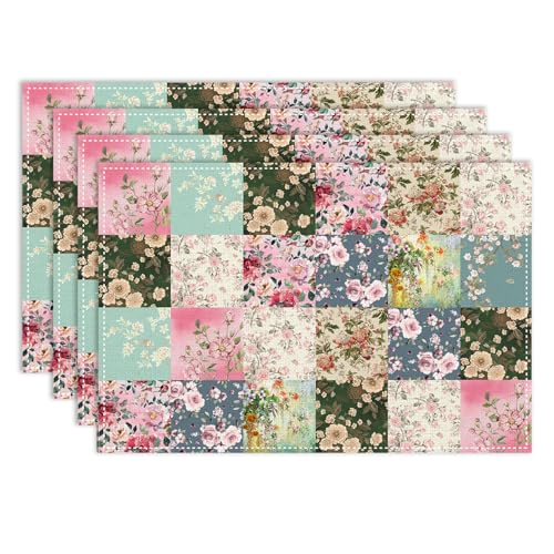 Boho Floral Placemats Set of 4, 12x18 Inch Vintage Colorful Patchwork Retro Flower Plaid Spring Farmhouse Holiday Coffee Table Mats for Party Kitchen Dining Decoration
