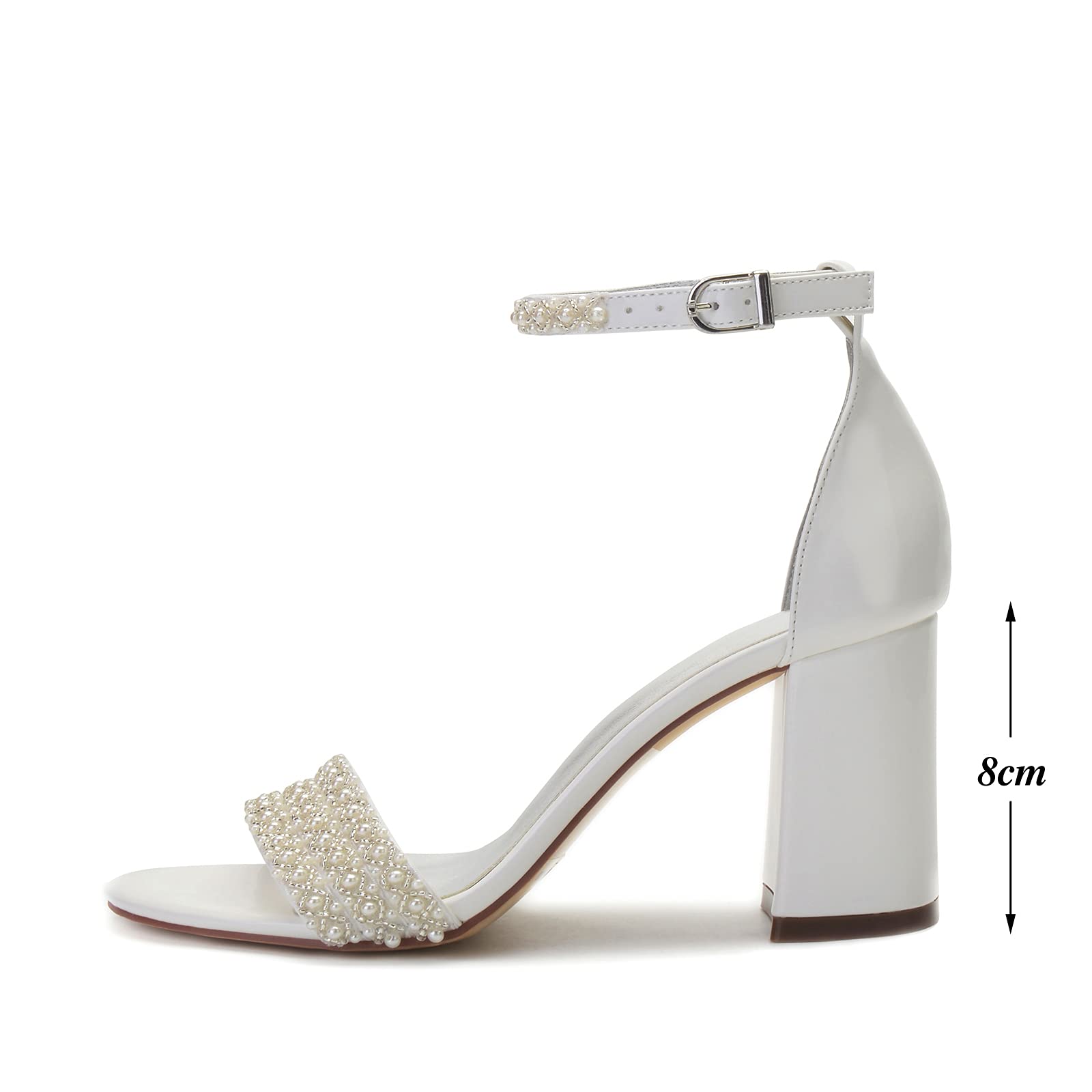 Sandali Sposa con Tacco Largo da Donna Perle Cinturino alla Caviglia Punta Aperta Scarpe da Matrimonio 858-8