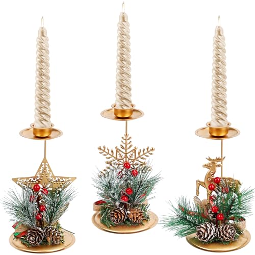 CAUTIOUS 3 Piezas Candelabros Navideños de Metal, Candelabros Portavelas de Navidad Baya Decorativa y Conos de Pino, Porta Velas para Decoración de Chimenea para Navidad, Centro de Mesa