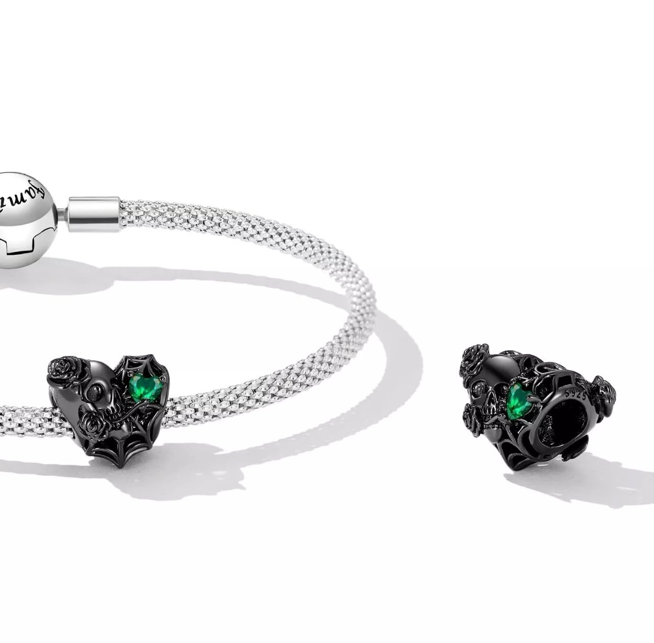 FLXHHX Abalorio de Calavera y Rosa en Forma de corazón Negro, Flor de Halloween, Plata de Ley 925 auténtica, Compatible con Pulsera