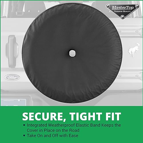 Image of MasterTop Bronco Spare Tire Cover, Black - Fits Ford Bronco 2021-2023 with 33 inch Tires - Custom Fit for 33 inch (285 /70R17) Tires - Spare Tire Cover with Camera Hole