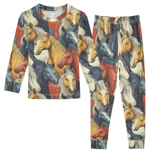 Pajama Sets Long Sleeve Colorful Cool Horses Pattern Soft Comfy Sleepwear 2 Piece PJS 3-8T