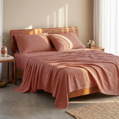 Image of LANE LINEN 100% Organic Cotton Bedsheet for King Size Bed - Rose Dawn | GOTS Certified, Percale Weave, 108x108 inches, Soft & Breathable, Machine Washable, Includes 2 Pillow Covers